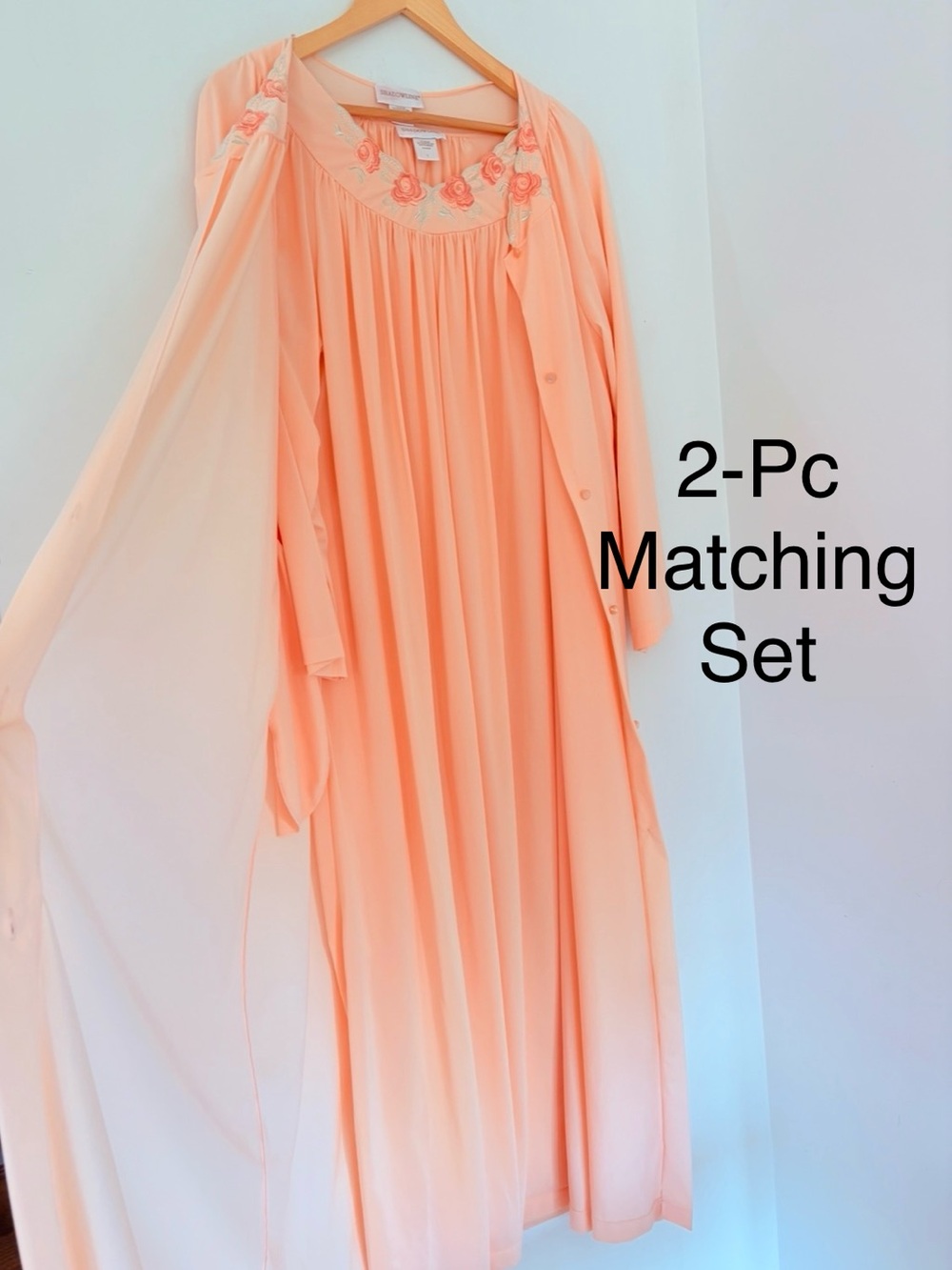 SHADOWLINE Light Peach Vtg Nightgown & Robe 2pc Set Sz L Nylon Floral Embroidery